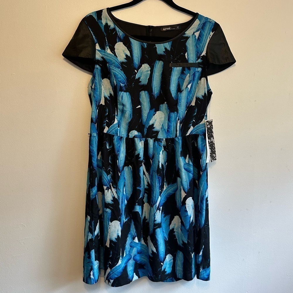 Kensie Blue Feather Leather Sleeve Dress Size 10 NWT
